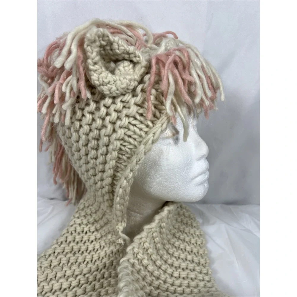 Girl's Crochet Hooded Scarf with‎ Ears/Mane/ Pink/Cream with Pockets